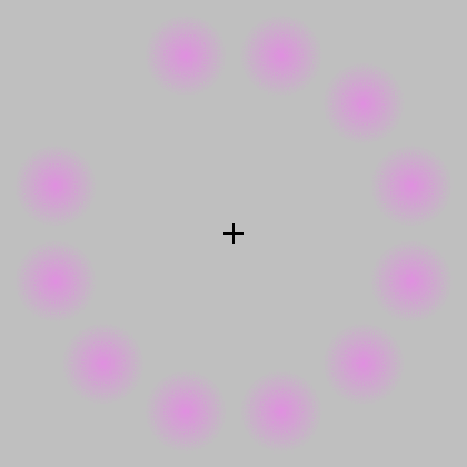 Betrachte das Zentrum des Bildes: Ein grüner Punkt (der nicht existiert) scheint nach und nach die rosa Punkte zu ersetzen. Wenn du nochschmal kuckst, verschwinden die rosa Punkte!