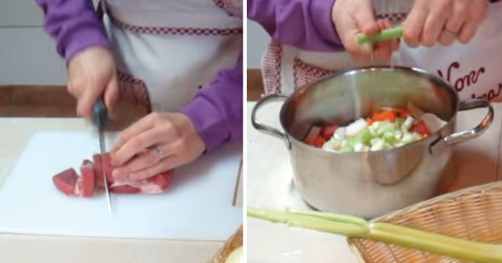 1. Cut the beef into small cubes and put it in a saucepan. Do the same with the onion, carrots, and celery.