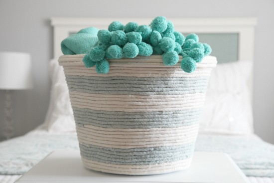 Your laundry basket will be extra special if you cover it with colored cords . . .