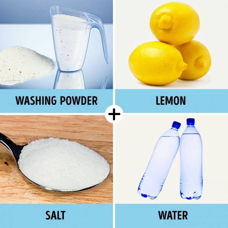 1. Misurino di detersivo in polvere + limoni + sale da cucina + acqua