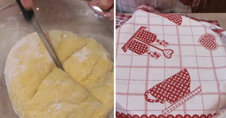 Mettez la pâte dans le bol, tracez une croix avec un couteau dans la pâte puis recouvrez la, d'abord dans une couche de film transparent, puis avec un chiffon. Mettez la au repos dans un endroit chaud pendant 1 heure.