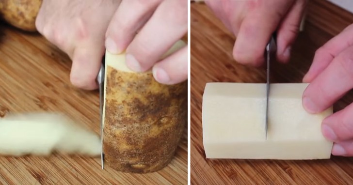 1. Procuratevi dei tuberi dalla forma allungata e rimuovete la buccia in modo da dare una forma geometrica alla patata. Tagliate le patate a metà cercando di ottenere pezzi di altezza uguale.
