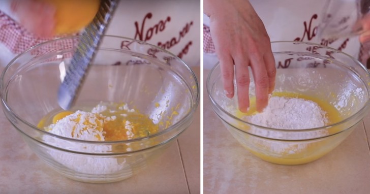 1. En un bols romper los dos huevos, agregar el azucar en polvo, el aceite de girasol y la cascara de naranja. Mezclar un poco para amalgamar los ingredientes, luego incorporar el almidon de patata.