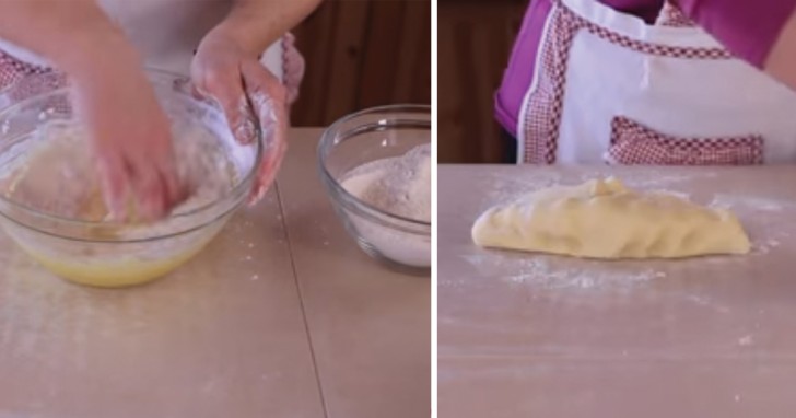 2. Once the potato starch has been mixed in well, start adding the flour, a little at a time. When the dough is sufficiently solid, then place it on the tabletop and start to knead it.