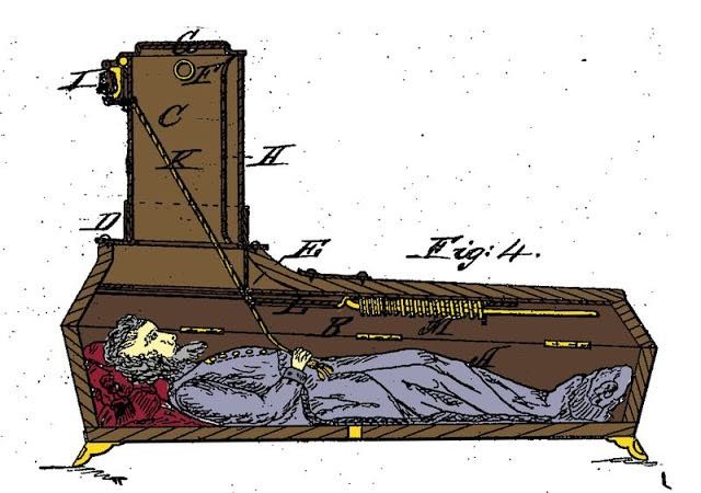 1868 Modèle n. 1 - C'est simplement sors si tu le peux: dans ce cas, le mort était enterré sans être recouvert pendant une semaine, en cas de réveil, il suffisait de tirer la corde et de monter les escaliers.