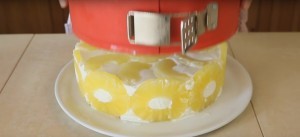 10. When the mixture has solidified remove the cake pan having the foresight to detach the slices of pineapple from the pan with the aid of a knife or spatula.