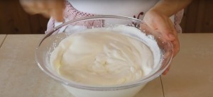 6. Incorporar la leche condensada, el yogurt al anana y los pedacitos de anana que iran a cortar usando 3 fetas en el segundo recipiente.