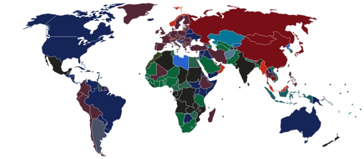 Cette carte montre les pays divisés par la couleur de leur passeport (avec les nuances nécessaires)
