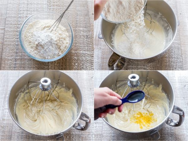 3. Setacciate il lievito alla farina, poi aggiungeteli gradualmente agli altri ingredienti. Alla fine aggiungete la buccia grattugiata di mezzo limone e 1 cucchiaio di succo.
