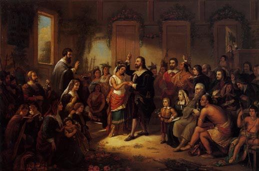 Die Hochzeit zwischen Pocahontas, umgetauft auf den Namen Rebecca, und John Rolfe war die erste zwischen einem Europäer und einer amerikanischen Ureinwohnerin.