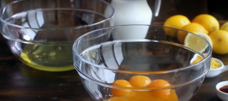 1. Separate the egg yolks from the egg whites and put them into two separate large bowls.