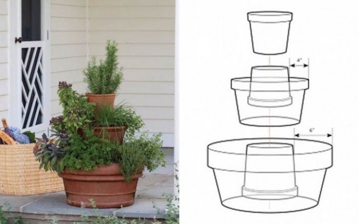 1. Jardin vertical créé avec des vases de différentes tailles.