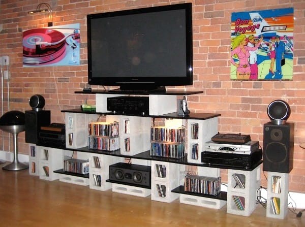 2. A series of cement blocks assembled to create a home entertainment center.