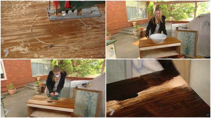 An opening was made in the bathroom vanity cabinet to allow for passing the water pipes and then it was painted.