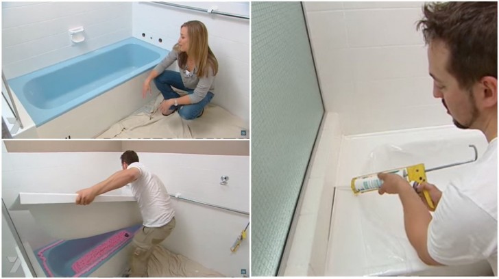 It was then the moment to renovate the bathtub and the answer was to simply use a bathtub insert and seal the edges with silicone.