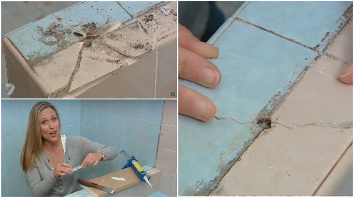 Once the bathroom was "naked" she noticed some broken tiles that she immediately glued together.