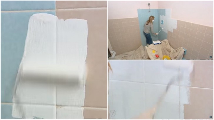 Une fois les carreaux secs, de la peinture blanche pour porcelaine a été appliquée.