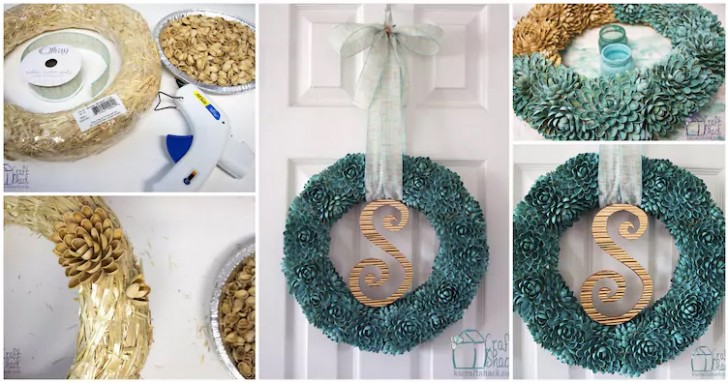 8. Transform empty pistachios empty into a decorative wreath!