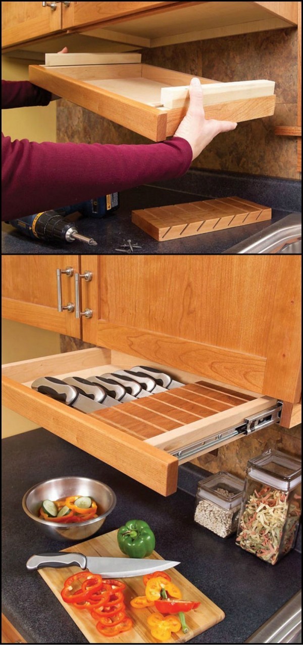 1. Sous les armoires, installez des tiroirs supplémentaires: c'est l’idéal pour ranger les objets les plus fréquemment utilisés.