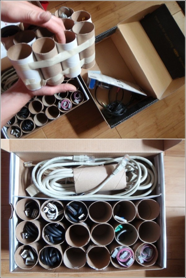 2. Van lege keukenrollen kun je een doosje maken om kabels in op te bergen.