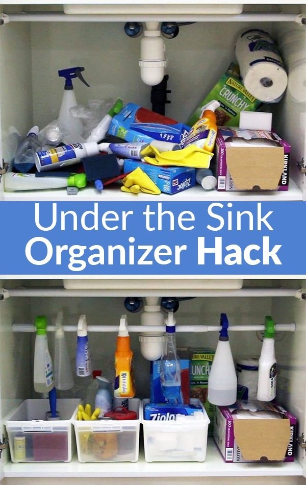 4. Use an extendable rod under the sink and some plastic containers to finally put the products that we usually store there in order.