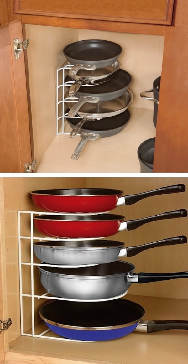 6. A desktop file organizer is perfect for holding pans.