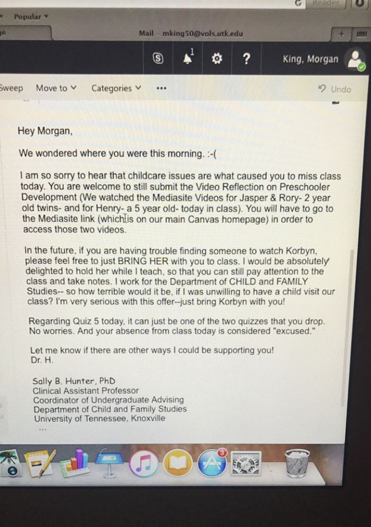 Toen ze een email stuurde aan de docent kreeg ze van haar een ongelofelijk antwoord terug dat het web over is gegaan.