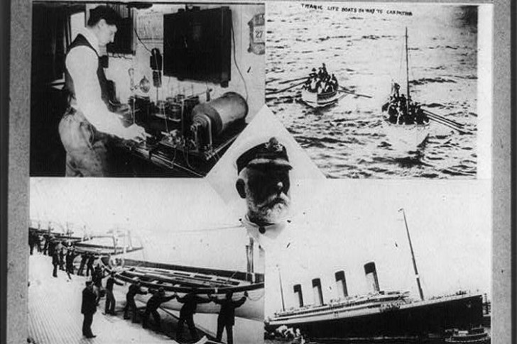 8. Un collage de photos montre le radiotélégraphiste à bord recevant un appel d'urgence, les canots de sauvetage se dirigent vers le transatlantique Carpathia qui a chargé à bord tous les survivants et le capitaine du Titanic Edward Smith.