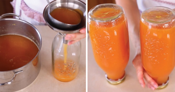 5. Pour the still hot juice into clean, dry glass bottles. Close them with new fruit juice bottle caps, turn them over, and let cool completely.