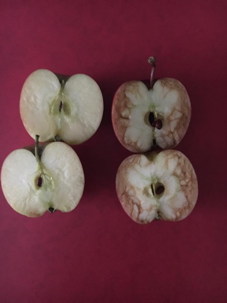 Avant d'entrer dans la salle de classe, l'enseignante a tapé une des deux pommes sur une table, afin qu'elle soit légèrement abîmée sans que cela soit visibile de l'extérieur.