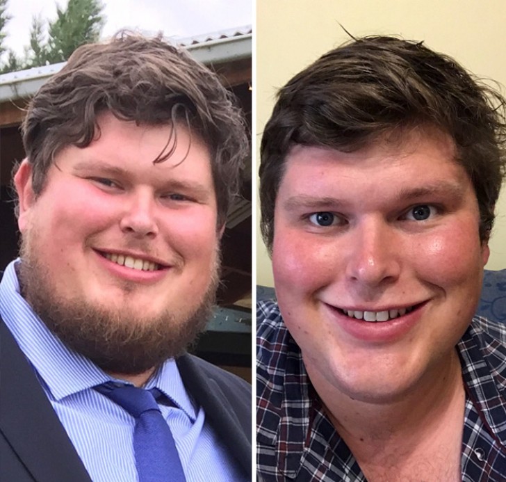 11. huit mois après, aminci de 18 kg et sans barbe.