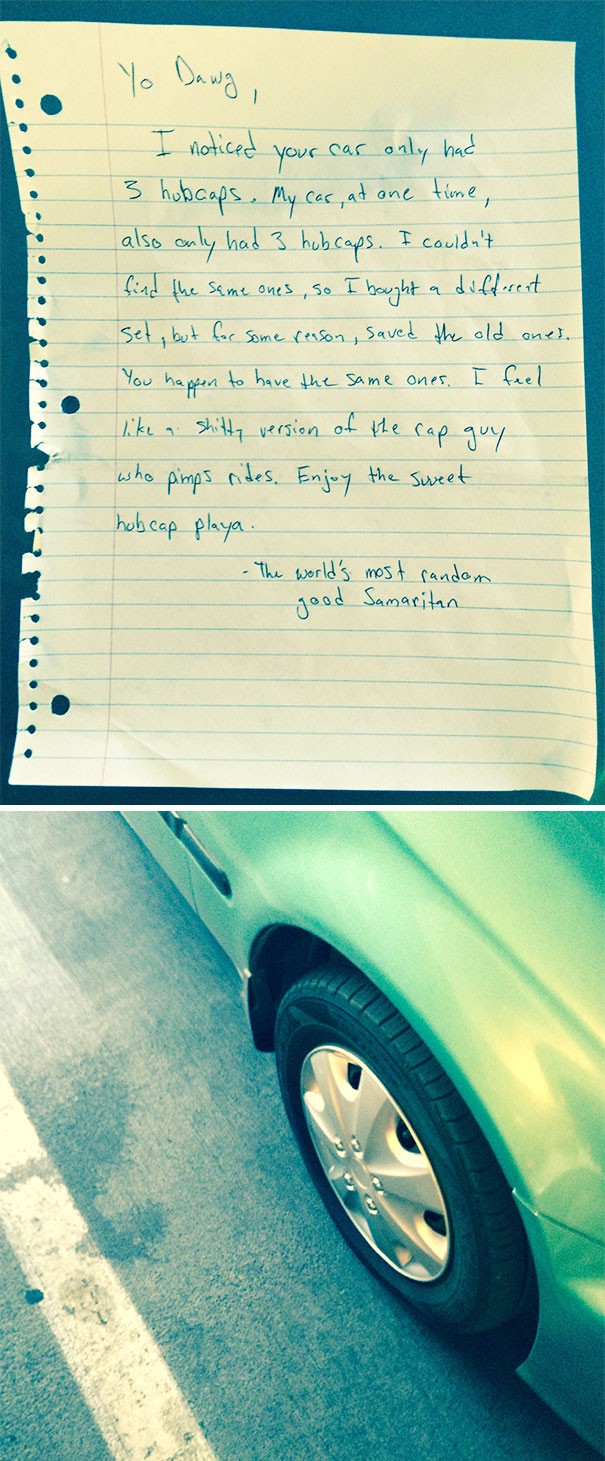 3. Gestern nach der Arbeit hat dieser Mann eine Notiz unter dem Scheibenwischer seines Autos gefunden