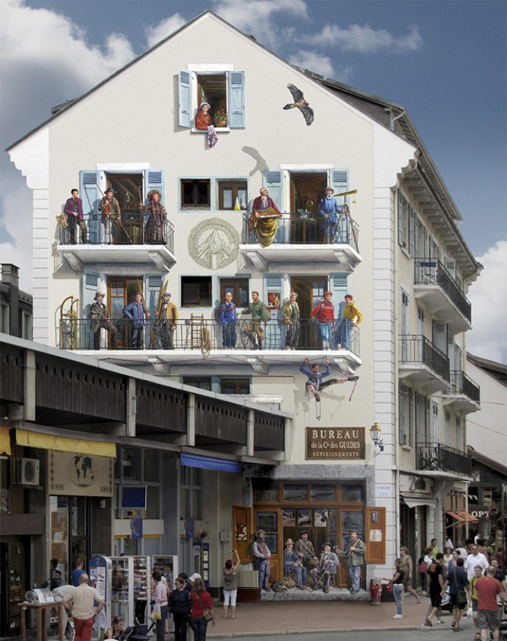 A vibrant mural of some of the local people who once lived in Chamonix (Haute-Savoie).