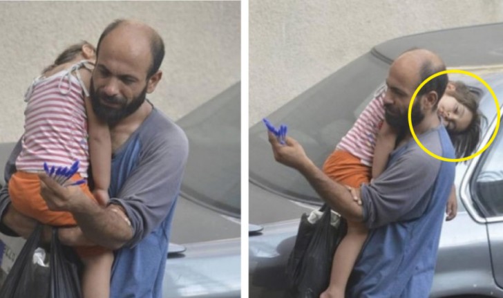 Abdul sold pens on the streets of Beirut with his daughter Reem on his shoulder, asleep.