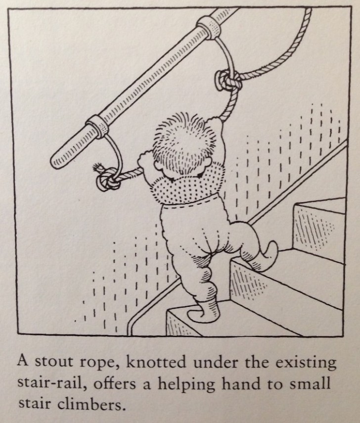 15. Small children should not walk up or down stairs, but if you simply cannot avoid it, then tie a rope to the existing handrail, this will help to limit the damage.