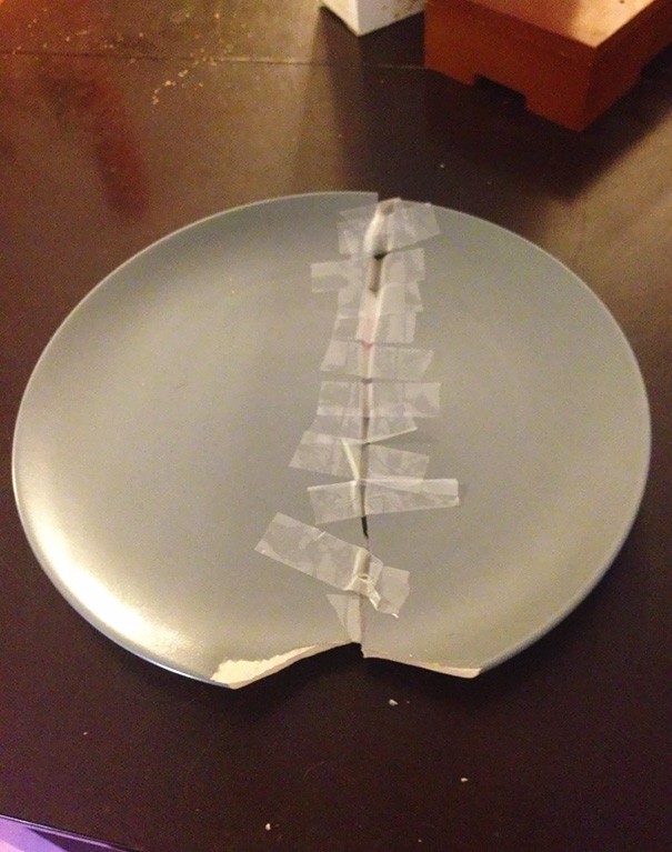 22. My little cousin broke a plate and this is how he tried to keep it hidden from his mother.
