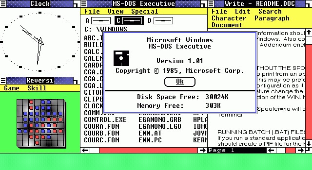 La prima versione di Microsoft Windows (1985).