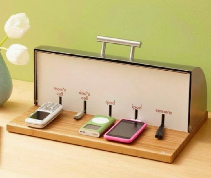 2. A smartphone recharging station --- created from an old breadbox!