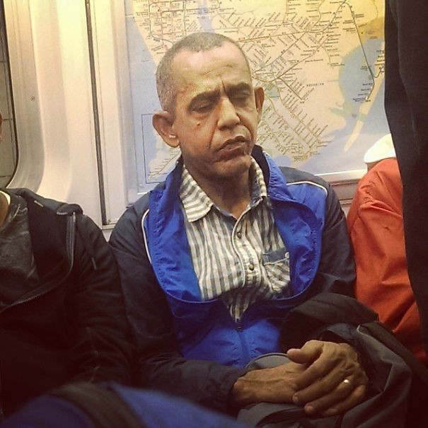 By boarding this subway car, I immediately traveled 20 years in the future and I met an aging Obama!