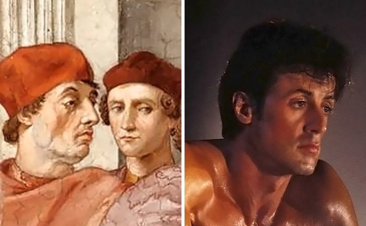 Un uomo sullo sfondo di un dipinto del 1500 e Sylvester Stallone.