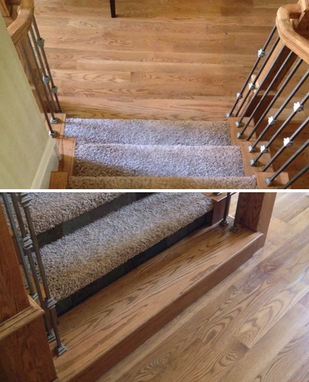 Hier heeft iemand de vloerbedekking op de trap gelegd, behalve op de laatste trede, om het beter te laten overgaan in de vloer...