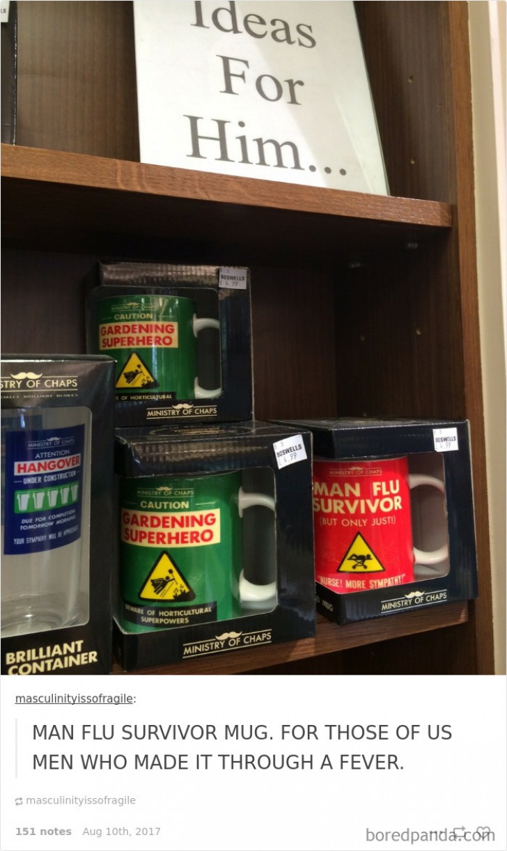 Questo negozio vende idee regalo per lui: tazze che inneggiano a uomini che sono sopravvissuti a una febbre 😆