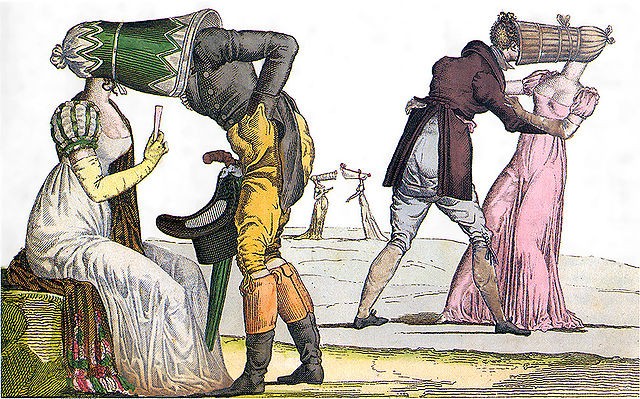 Vignette dell'epoca evidenziano la comicità di questi copricapi che spesso conducevano a situazioni imbarazzanti.