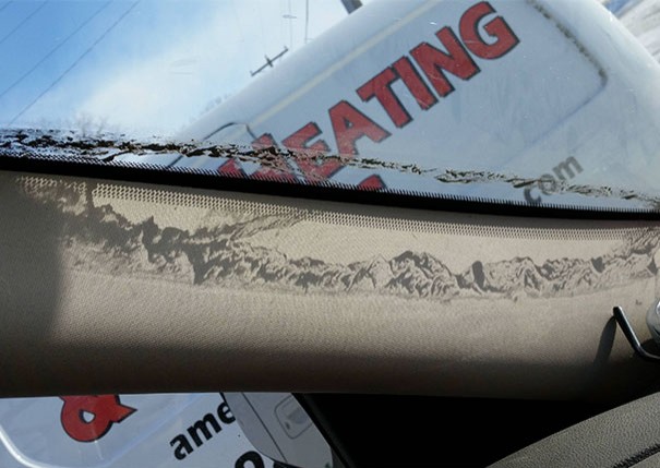 2. The dirt line shadow on the windshield of my car has created an incredible mountainous landscape!