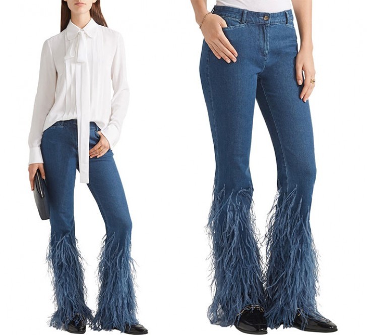 Jeans with feathery fringes.