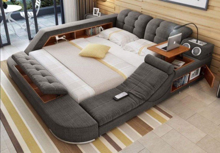 For those who are very lazy! Here is a multifunctional bed that can function as a workstation, has a built-in stereo system, can become a comfortable sofa, and has many other functions as well.