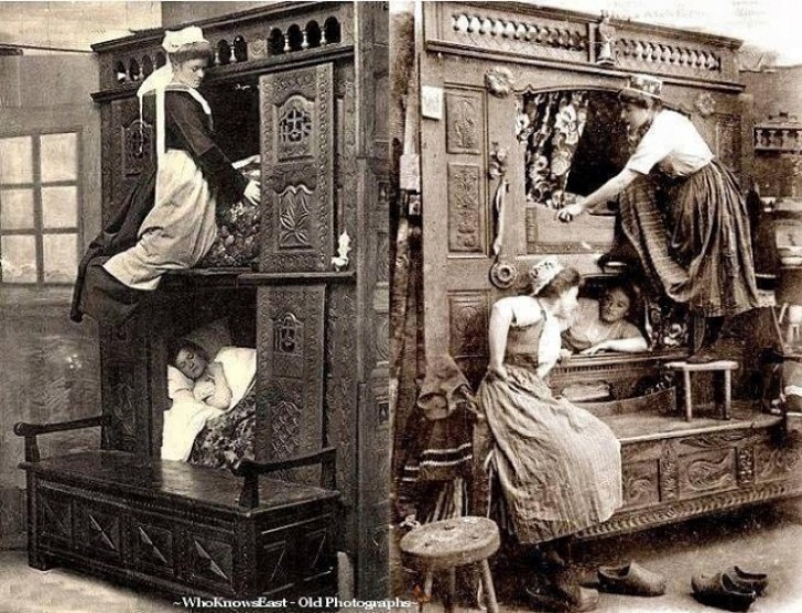 A bunk bed structure for domestic maids in England in 1843.