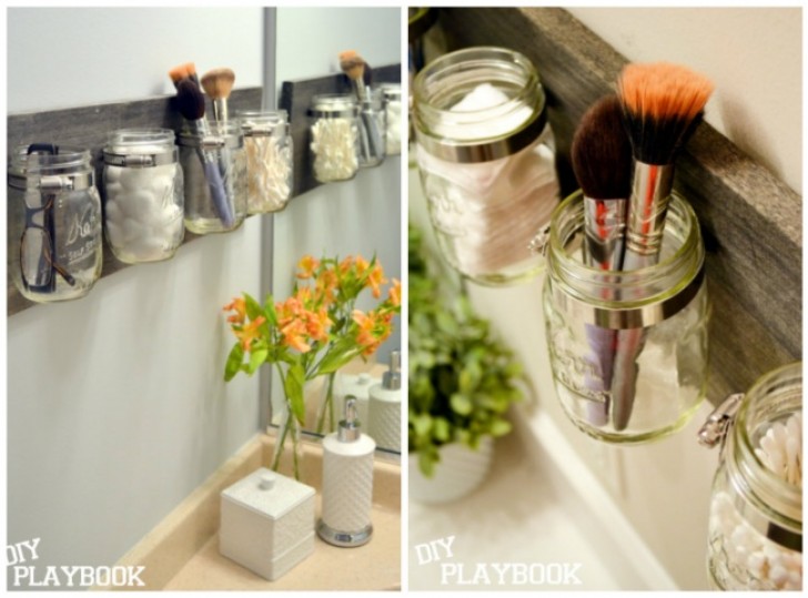 11. You just need a wooden plank, glass jars (mason jars), and thin metal strips to create this very useful and practical way to keep things organized.