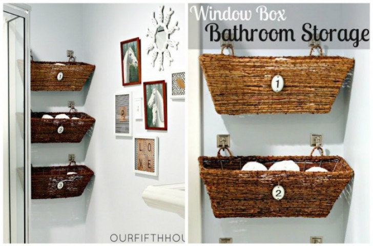 3. Hang wicker baskets to hold soaps and towels.