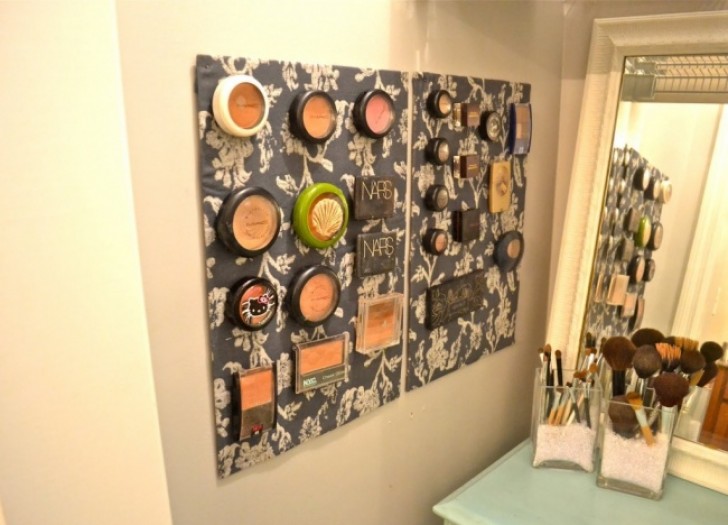 4. A cloth covered magnetic makeup board helps keep your makeup in order and easily accessible!